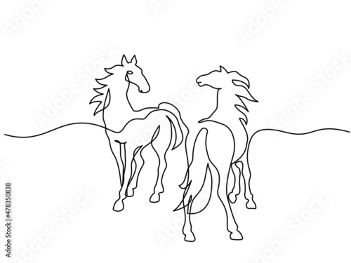 Standing horses on pasture. Continuous one line drawing. Horse logo.