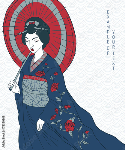 abstract asian style female portrait in traditional clothes, blue colored.