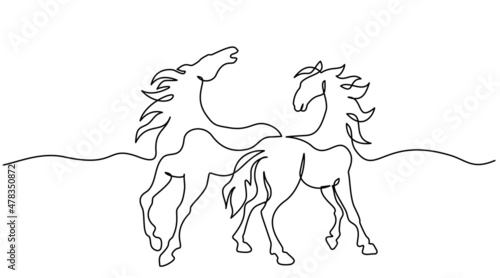 Standing horses on pasture. Continuous one line drawing. Horse logo.