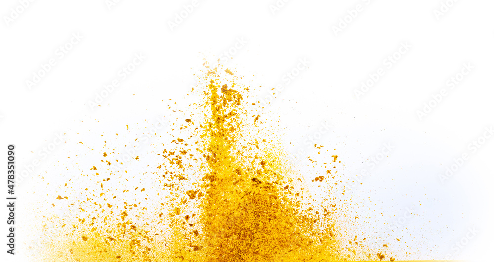 Explosion of yellow, golden color, fluid and neoned powder on white studio background with copy space