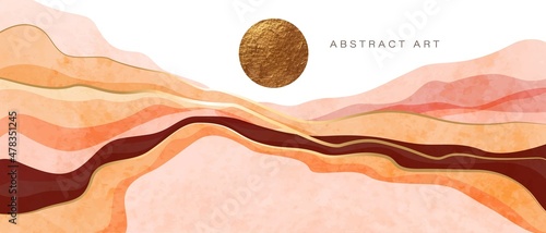 Mountain, hills, sun, sea vector background. Colorful waves, golden circle, sun, sunset. Abstract art wallpaper