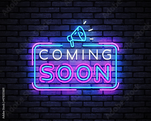 Coming soon in neon style on light background. Vector concept. Design template. Vector design isolated