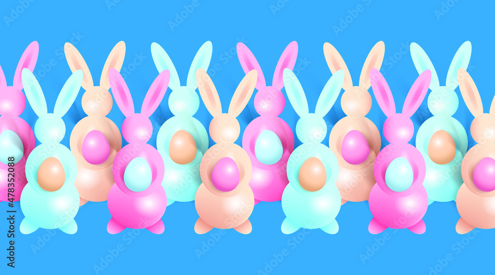Border of multi-colored hares with Easter eggs in their paws. Easter design
