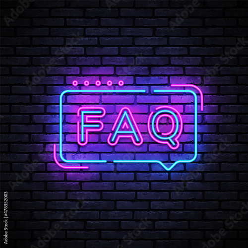 Faq in neon style. Realistic vector illustration. Modern template with black faq on blue background for game background design