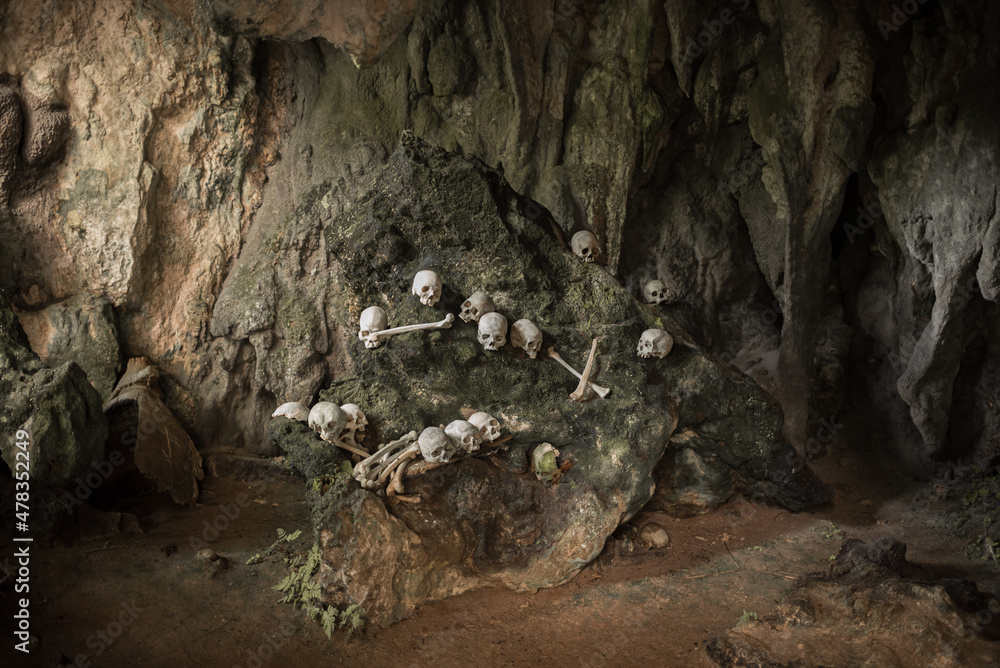 Skulls and bones exposed in the spectacular cave tomb of Lombok Parinding which has housed the dead of TanaToraja since 700 years