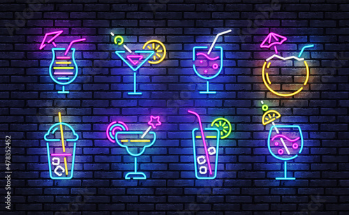 Cocktails neon icons set. Cocktails collection neon signs. Bright sign boards, light banner. Modern trend design, night light signboard, emblems, design template. Vector Illustration