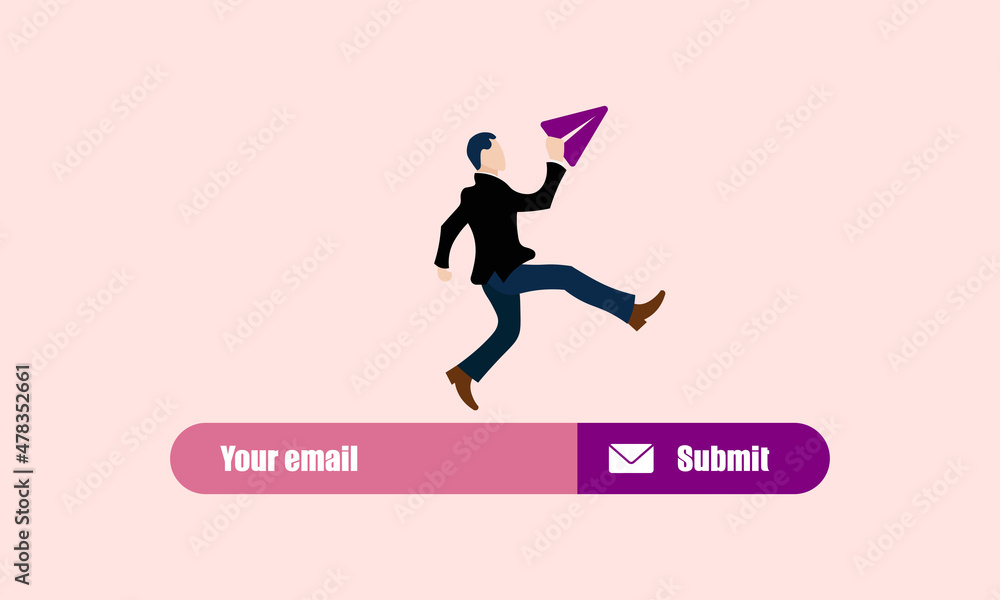 Subscription to newsletter, news, offers, promotions. Flat concept. Businessman launching  paper airplane on email subscribe form on website. 