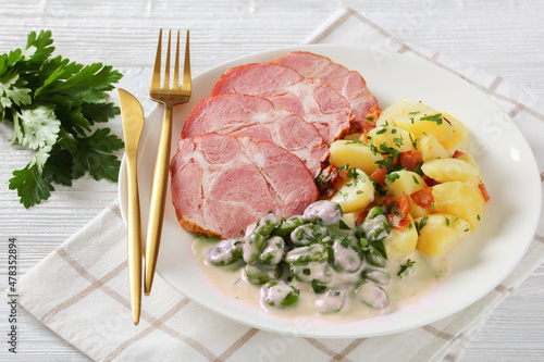 Judd mat gaardebounen, pork neck with broad beans photo