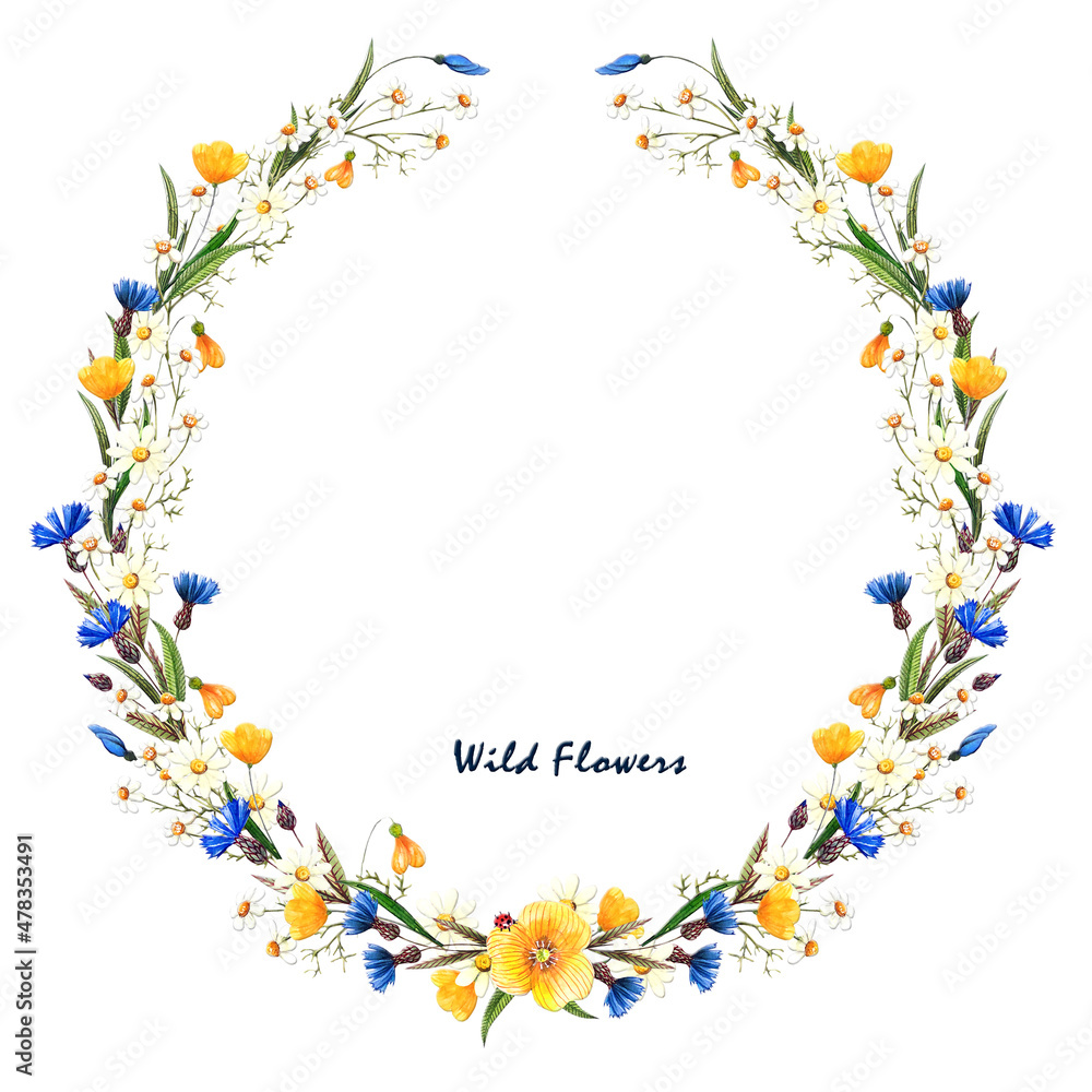 Floral wreath frame . Wild flowers on a white background. Red, yellow flowers.  Watercolor illustration for postcards, posters, packaging, invitation, wedding, for fabric, interiors