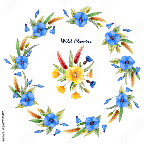 Floral wreath frame and isolate bouquet. Wild flowers on a white background. Blu, yellow flowers.  Watercolor illustration for postcards, posters, packaging, invitation, wedding, for fabric, interiors © Natalia