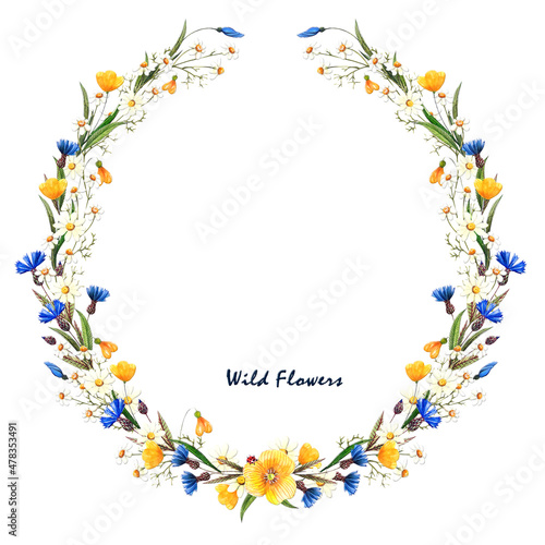 Floral wreath frame . Wild flowers on a white background. Red  yellow flowers.  Watercolor illustration for postcards  posters  packaging  invitation  wedding  for fabric  interiors