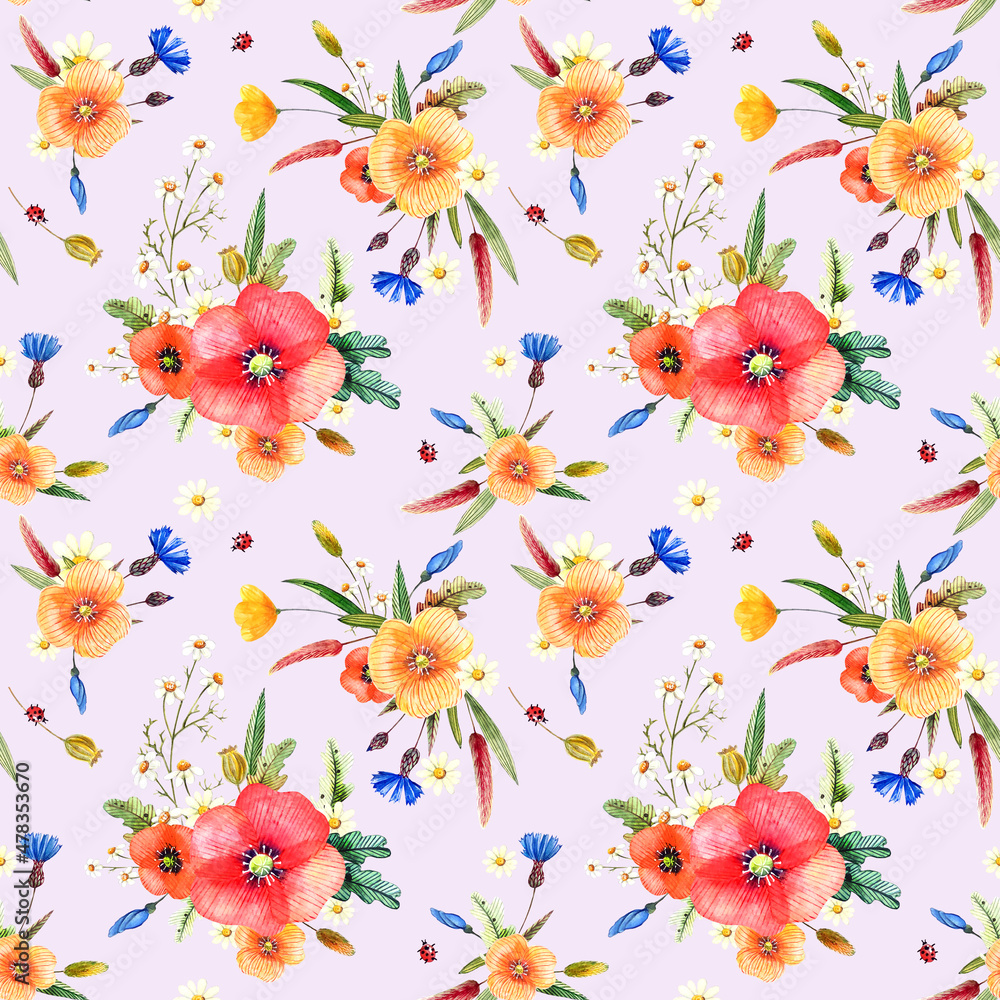 seamless floral pattern with wild  summer flowers on a pastel background, red, yellow poppies, cornflowers, camomiles Botanical illustration for fabrics, dresses, interiors, bed linen, packaging  
