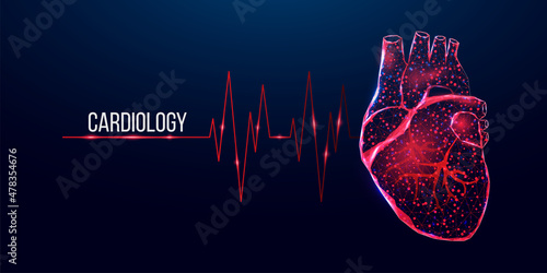Cardiology concept banner. Wireframe low poly style red heart.   Abstract modern 3d vector illustration on dark blue background.