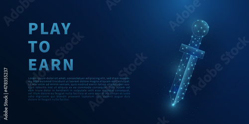 Abstract low poly sword. Polygonal wireframe illustration of sword. NFT game concept. Polygonal wireframe illustration with lines and dots. Vector concept illustration.