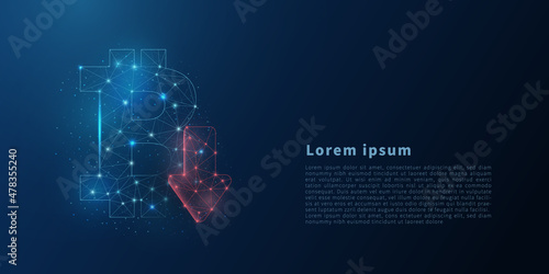 Bitcoin sign with arrow down from polygonal wireframe. Abstract low poly bitcoin sign with arrow down. Polygonal wireframe illustration with lines and dots. Vector concept illustration.