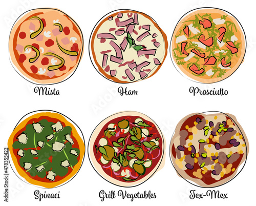 Drawing Pizza Toppings Part 04 / Zeichnungen Pizza Beläge Teil 04: Mista, Ham, Prosciutto, Spinaci, Grill Vegetables, Tex-Mex
