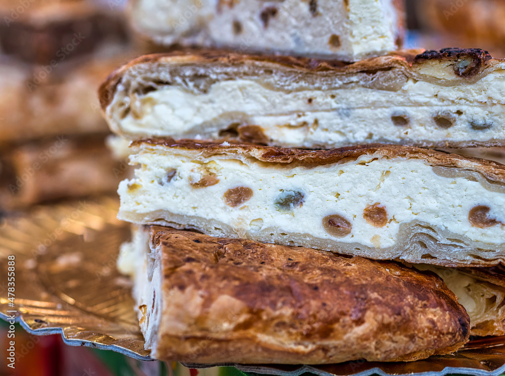 custom made wallpaper toronto digitalTraditional Romanian sweet cheese pie recipe with cottage cheese and raisins. Streetfood festival.