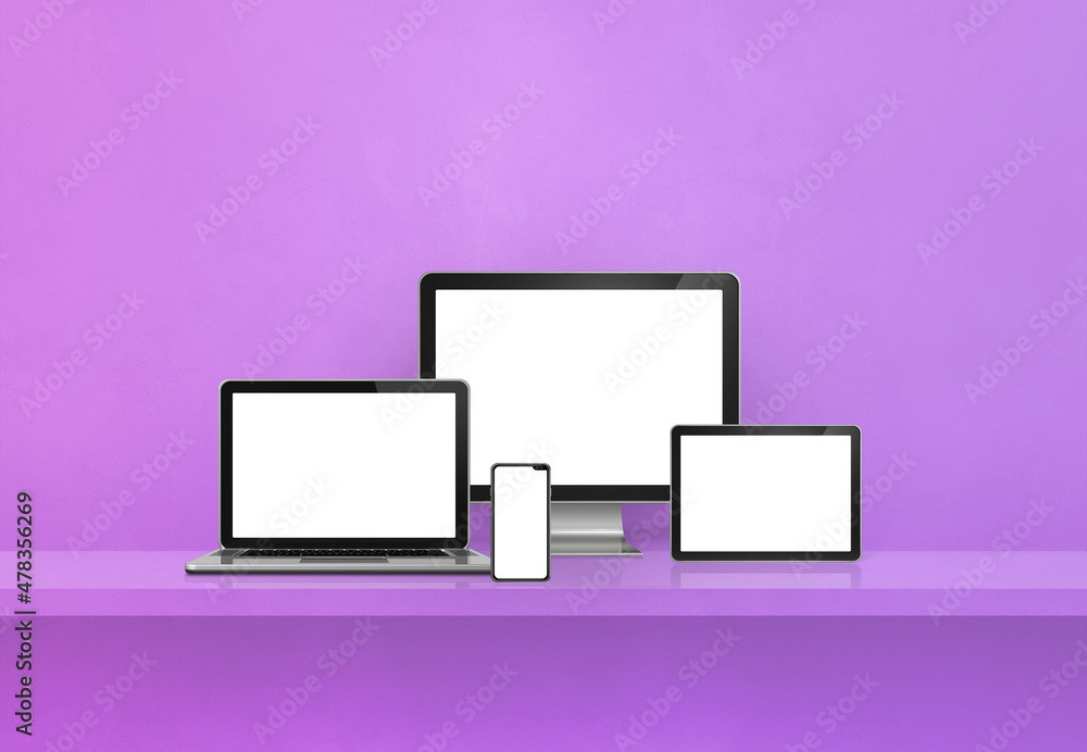 Computer, laptop, mobile phone and digital tablet pc. Purple shelf banner Computer, laptop, mobile phone and digital tablet pc. Purple shelf banner