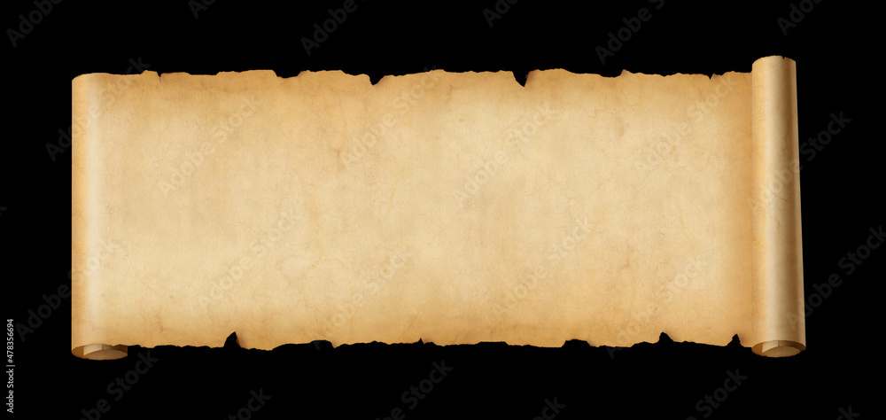 Old paper horizontal banner. Parchment scroll isolated on black