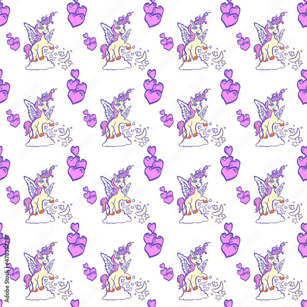 Vector pattern with cute unicorns, magic background with little unicorn, seamless colorful illustration for children wallpaper textile and gift paper Vector pattern with cute unicorns, magic background with little unicorn, seamless colorful illustration for children wallpaper textile and gift paper