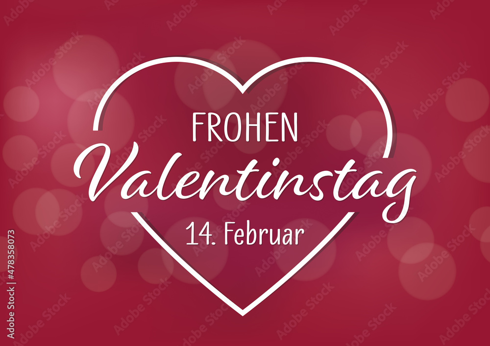 Frohen Valentinstag - Herz und Text. Roter Hintergrund mit Bokeh.