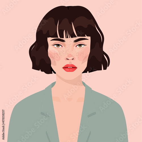 Portrait of a short-haired girl. Androgin looking with a sidelong glance. Diversity. Avatar for a social network. Student. Vector flat illustration
