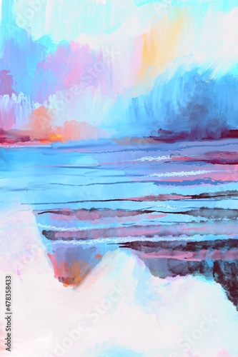 abstract winter scenery painting, colorful interior poster in cool tones with frosty winter vibes, hand painted winter scenery with snow, trees, lake and ice, abstract cover design with nature view 