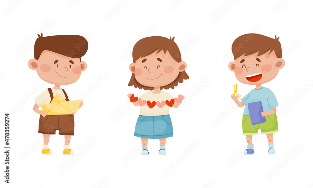Smiling Boy and Girl with Scissors Cutting Paper for Applique and Craft Activity Vector Set