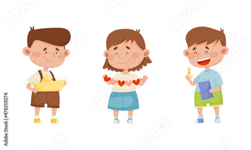 Smiling Boy and Girl with Scissors Cutting Paper for Applique and Craft Activity Vector Set