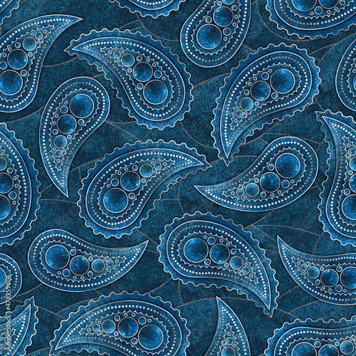 Traditional seamless Paisley pattern. Indian ornament. Turkish cucumber. Watercolor with gold. The tear of Allah. Design of fabric, packaging, paper. Blue color.