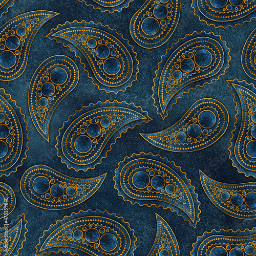 Wallpaper Mural Traditional seamless Paisley pattern. Indian ornament. Turkish cucumber. Watercolor with gold. The tear of Allah. Design of fabric, packaging, paper. Blue color. Torontodigital.ca