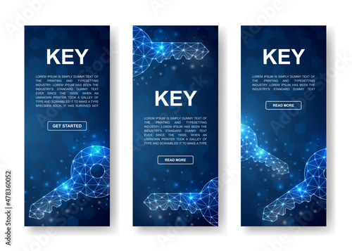 Set of Keys blue vertical banners. Key low poly symbols for vertical advertising banners template. Security  secret  private design illustration concept.