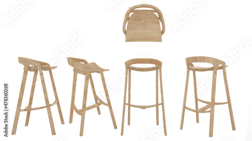 wood stool bar on white background  top view  side  3d rendering