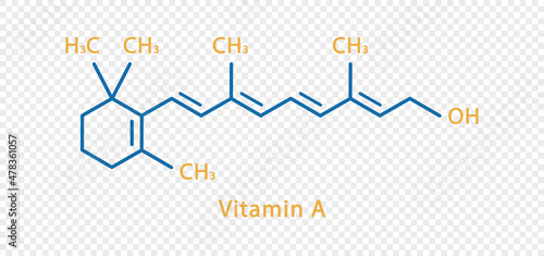 Vitamin A chemical formula. Vitamin A structural chemical formula isolated on transparent background.