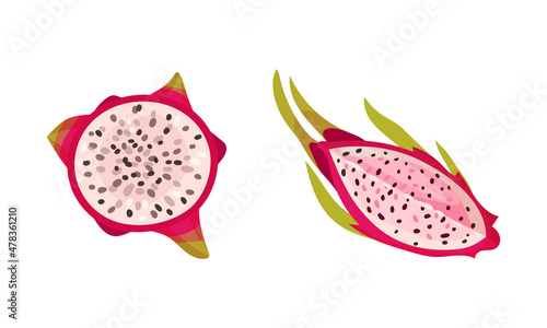 Pitaya or Pitahaya Tropical Fruit with White Juicy Flesh Vector Set