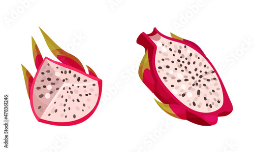 Pitaya or Pitahaya Tropical Fruit with White Juicy Flesh Vector Set