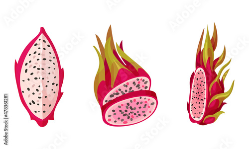 Pitaya or Pitahaya Tropical Fruit with White Juicy Flesh Vector Set