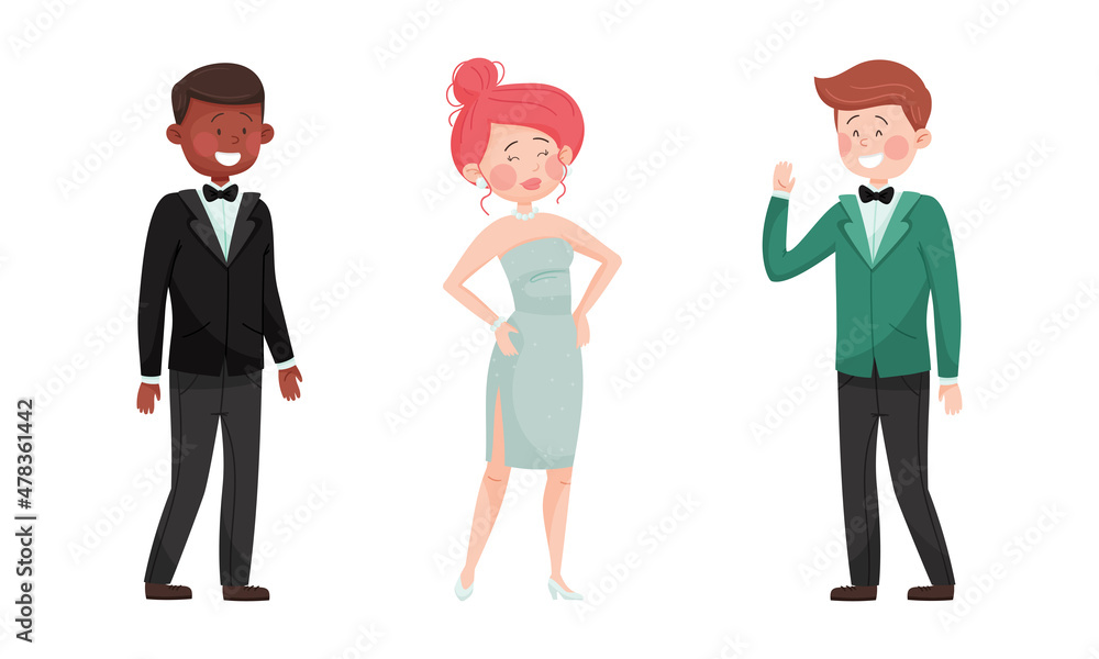 Young Man and Woman in Evening Dress and Dinner Jacket Waving Hand Vector Set Young Man and Woman in Evening Dress and Dinner Jacket Waving Hand Vector Set
