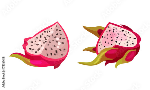 Pitaya or Pitahaya Tropical Fruit with White Juicy Flesh Vector Set