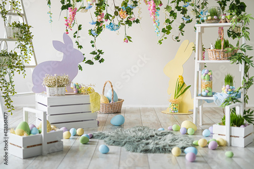 Backdrop for photo studio with easter interior for kids and family photo sessions. Happy Easter
