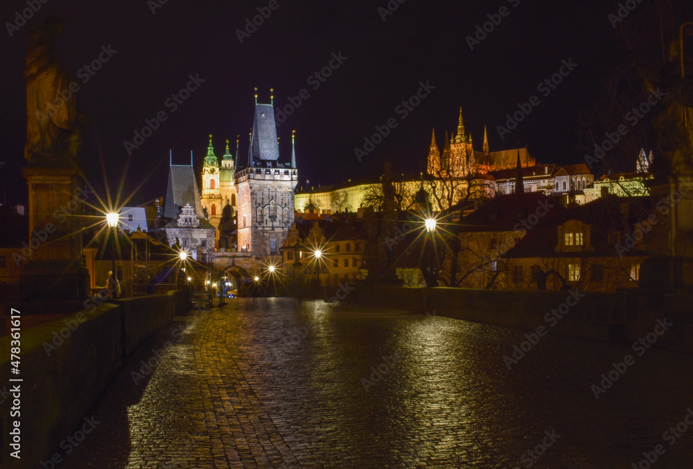 View of the castle from the bridge, night city landscape