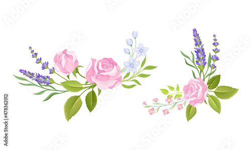Wallpaper Mural Pink Rose Bud and Tender Lavender Flower Twigs Arranged in Decor Composition Vector Set Torontodigital.ca