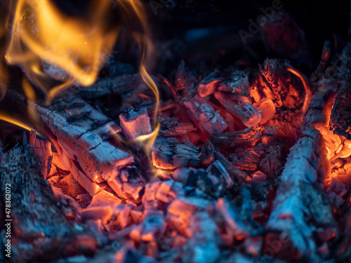 Details of charcoal in the furnace. Burning firewood in the grill.