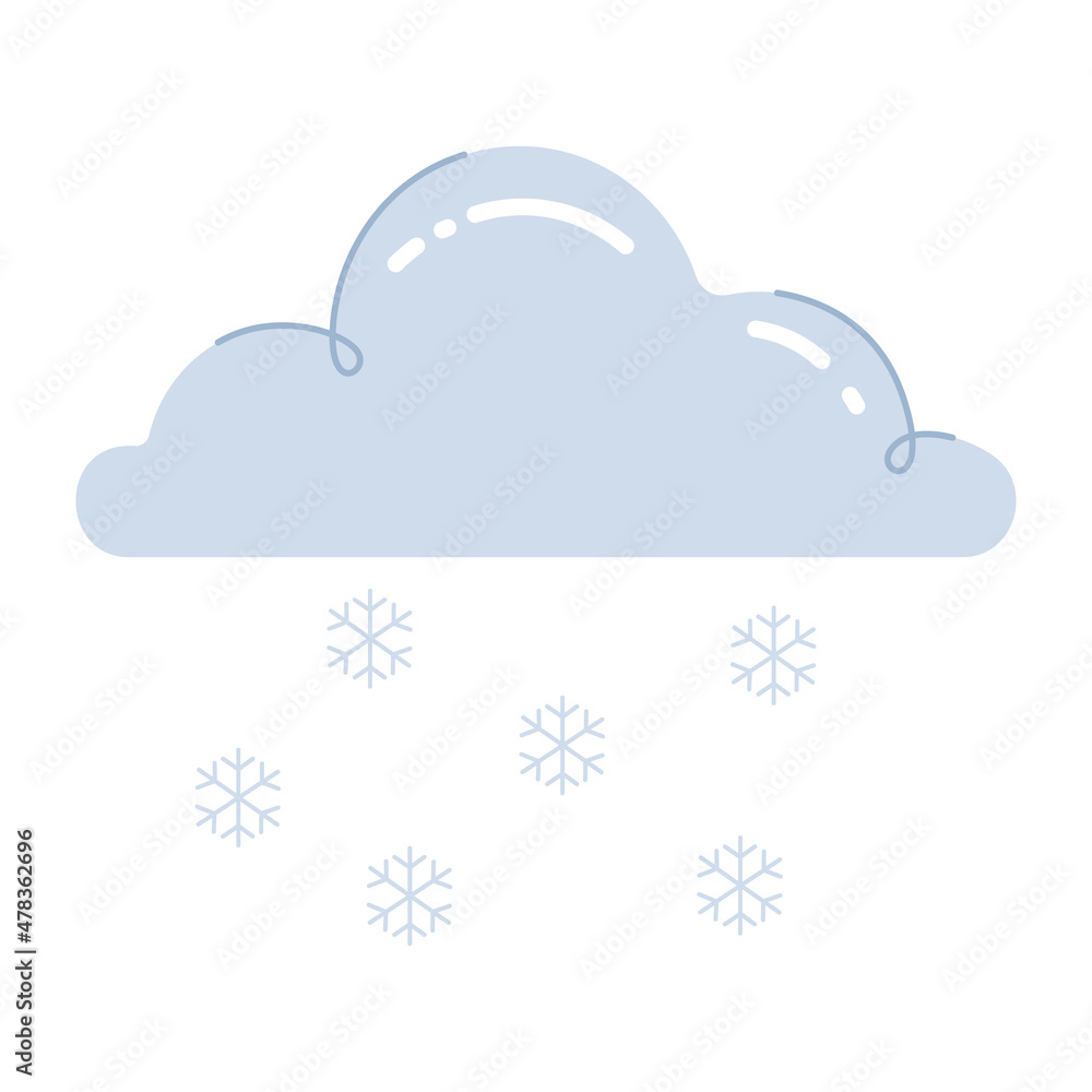 Fototapeta premium Cloud with falling snowflakes. Snowy weather icon with snowflakes. Colored flat cartoon vector illustration isolated on white background