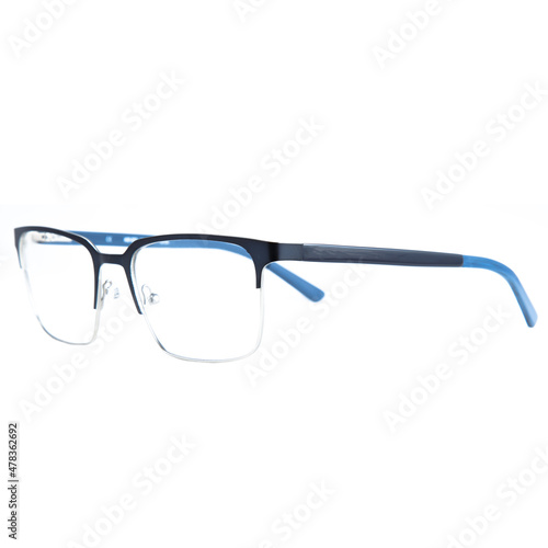 frames of glasses in blue on a white background. Eyeglasses in blue frames.