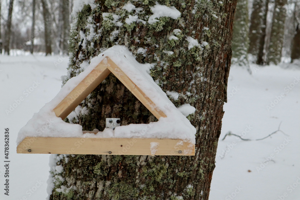 snow covered wooden triangular bird feeder on a tree in the park snow covered wooden triangular bird feeder on a tree in the park