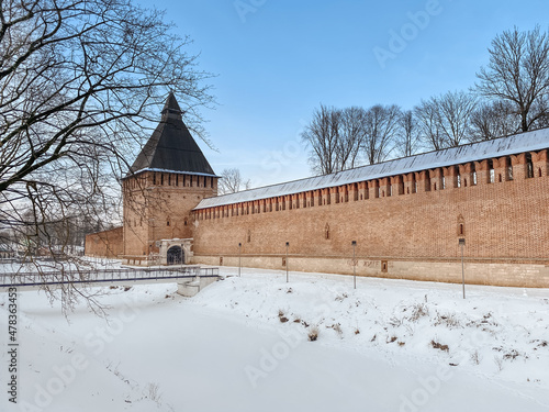 The historic city center of Smolensk, Russia. Old castle wall of Kremlin in Smolensk