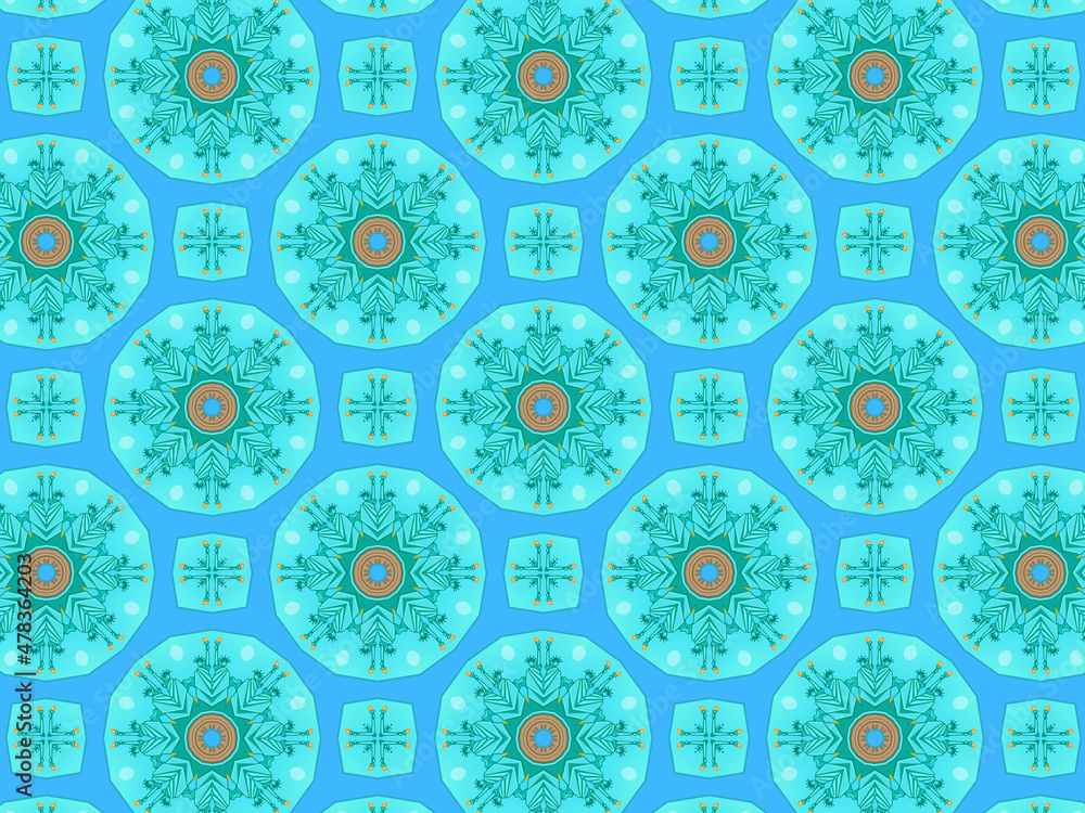 Modern and sophisticated geometric pattern with the Statue of Liberty. Kaleidoscopic print for wallpapers, wrapping paper, stationery. Repeating textile pattern in blue and green colors. Modern and sophisticated geometric pattern with the Statue of Liberty. Kaleidoscopic print for wallpapers, wrapping paper, stationery. Repeating textile pattern in blue and green colors.