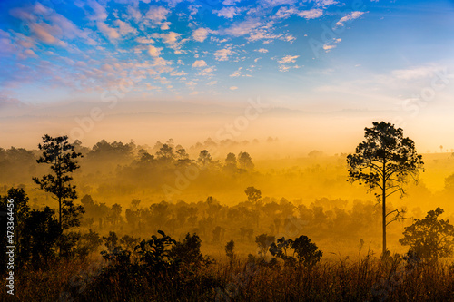 Thung Salaeng Luang National Park Beautiful green hills glowing warm sunrise Dramatic shine silhouette tree colorful warm above mountain at Phetchabun Province Thailand 