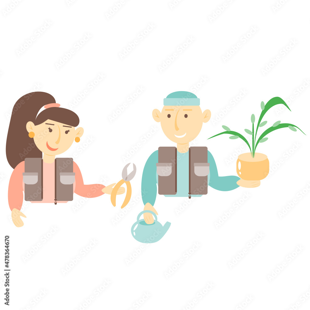 Vector illustration of a young girl with tools in her hands. The girl cuts green leaves from a flower in a pot. The guy is holding a flower in a pot. The couple is caring for the plant. Isolated Vector illustration of a young girl with tools in her hands. The girl cuts green leaves from a flower in a pot. The guy is holding a flower in a pot. The couple is caring for the plant. Isolated